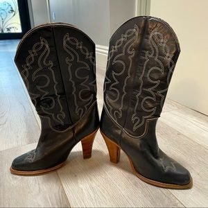 Zodiac Black Leather High Heeled Cowboy Boots